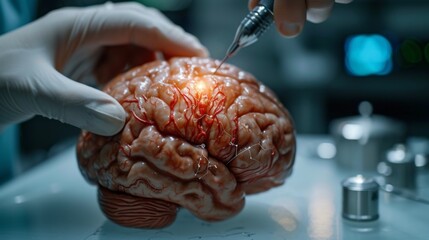 A medical procedure showing a person undergoing brain surgery with a needle inserted into their brain for treatment