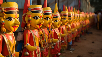 wide background banner of Colorful human face mask dummies hanging on streets in Hindu cultural event Dussehra festival