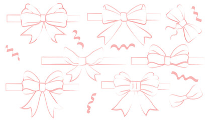 a set of white ribbon bows with a red outline - obrazy, fototapety, plakaty