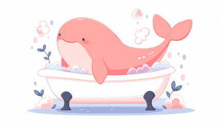 Hand drawn cartoon illustration of cute whale in bathtub
