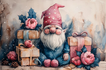 A watercolor gnome with flowers and gifts. Hand-drawn illustration.