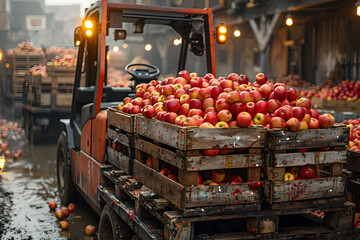 Crates of apples on forklift in warehouse