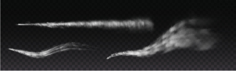 Aircraft condensation trails. Jet end smoke isolated vector set. Foggy jet trail or airplane, smoky effect after rocket illustration © Little Monster 2070