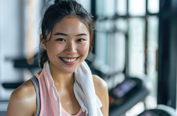 A beautiful smiling young Asian woman in a pink tank top with a towel around her neck is standing at the gym holding her hand on her hip - obrazy, fototapety, plakaty