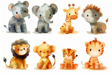 Obraz premium The Safari Animals Baby Watercolor Illustration features an elephant, lion, giraffe, tiger, zebra and monkey.