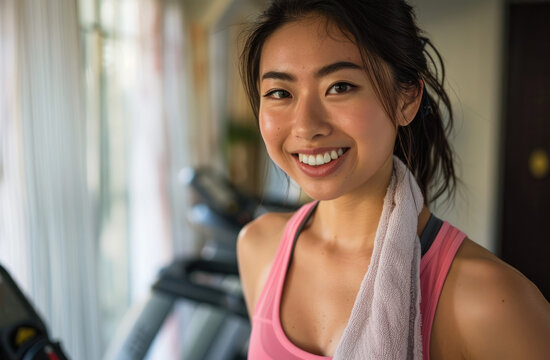 A beautiful smiling young Asian woman in a pink tank top with a towel around her neck is standing at the gym holding her hand on her hip