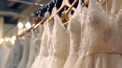 Beautiful wedding dresses, bridal dress hanging on hangers and mannequins in studio, shop
