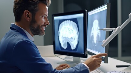 Male dentist hand pointing at computer display with dental 3D scan - obrazy, fototapety, plakaty