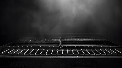 Empty BBQ grill with glowing smoke on black background - obrazy, fototapety, plakaty