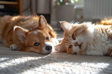 Relaxed corgi and fluffy cat lying side by side in a cozy home setting