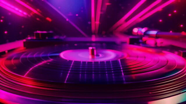 This 3D animation captures a vintage turntable and vinyl record, bathed in neon light, channeling a retro wave aesthetic perfect for music and nostalgic themes.