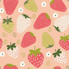 vector seamless summer pattern with strawberries and leaves