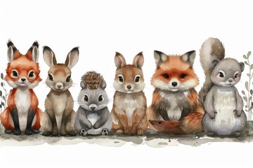 Baby woodland animals watercolor illustration of fox, bear, squirrel, rabbit, hedgehog, and racoon