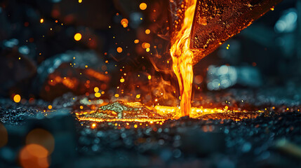 A metal pipe is pouring molten metal into a pit. Concept of danger and excitement, as the molten metal is hot and potentially hazardous. The scene is also visually striking - obrazy, fototapety, plakaty