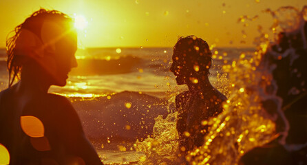 People are in the ocean, one of them is splashing water, at the sunset