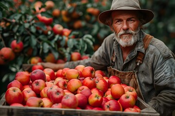 Senior farmer picking ripe apples in orchard at harvest time