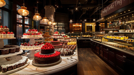 A bakery with a variety of desserts, including cakes and cupcakes. The atmosphere is warm and inviting, with the desserts arranged on tables and shelves