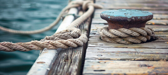ropes and boat fenders on the dock, indicating the main components used to secure the boat. - obrazy, fototapety, plakaty