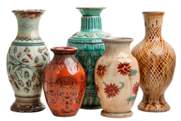 A Group of Vases Arranged Together. On a Clear PNG or White Background.