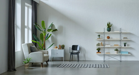 Grey stone wall background room interior concept, sofa, furniture, vase of plant, city view,...