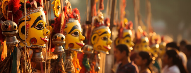 wide background banner of Colorful human face mask dummies hanging on streets in Hindu cultural event Dussehra festival  - obrazy, fototapety, plakaty