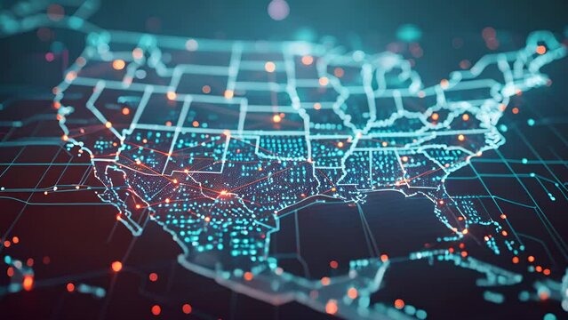 A sophisticated 3D animation of a digital map of the USA, displaying interconnected data lines and glowing nodes across the country. It symbolizes the connectivity and technological advancement