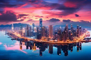Fototapeta premium Panoramic Twilight Vista of Iconic Asian Skyscrapers: A Fusion of Architectural Wonders and Diverse Cultures