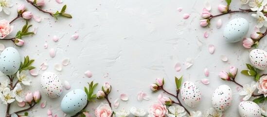 Easter eggs and spring flowers on Easter-themed background viewed from top with empty space for text