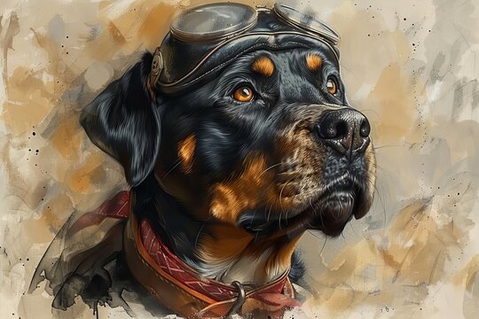 Illustration of a dog wearing a retro motorcyclist helmet and neckerchief with skull images.