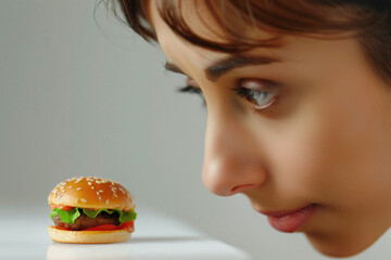 Woman staring at a tiny hamburger up close as if she is counting the calories that she is allowed to eat. Concept image for dieting and self control.