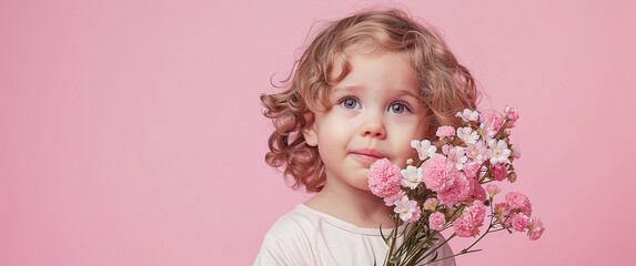 Obraz na płótnie Canvas cute little child with a bouquet of pink flowers on a pink background, mothers Day