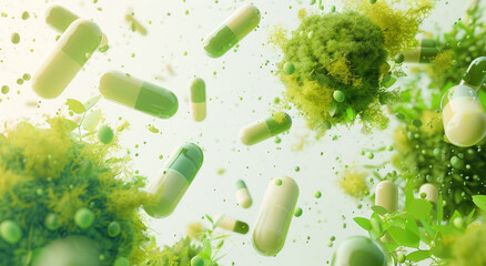 A transparent capsule filled with green moss, surrounded by other white and green cylindrical capsules floating in the air on an isolated background - obrazy, fototapety, plakaty