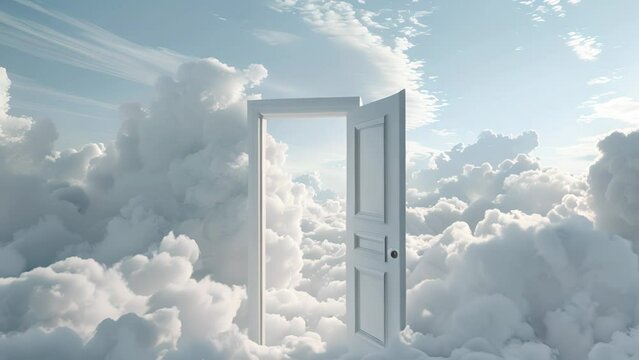 An imaginative 3D animation of an open door standing amidst a serene skyscape, surrounded by soft, fluffy clouds, invoking a sense of opportunity, discovery, and the gateway to new dimensions