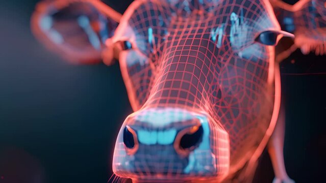 A close-up 3D animation capturing the serene essence of a cow's face in a grid style. This polygonal representation is set against a tranquil blue background, with lines and nodes that subtly glow