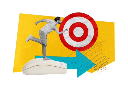 Magazine banner template collage of ambitious confident guy run using computer vintage mouth through internet online for targets