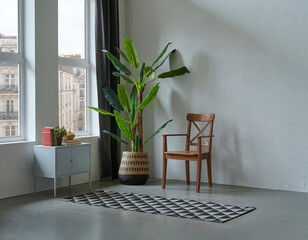 Grey stone wall background room interior concept, sofa, furniture, vase of plant, city view,...