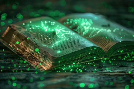 A book with glowing green letters and a green background. The book is open to a page with a green dragon on it