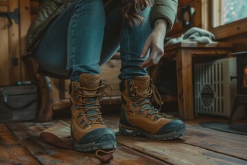 Close-up of a mature woman lacing up her hiking boots inside a cozy cabin