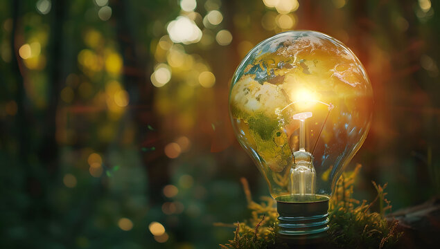 An illustration of a light bulb with the Earth inside, symbolizing sustainable energy and environmental care. This concept represents green energy with a focus on protecting the Earth. Copy space.
