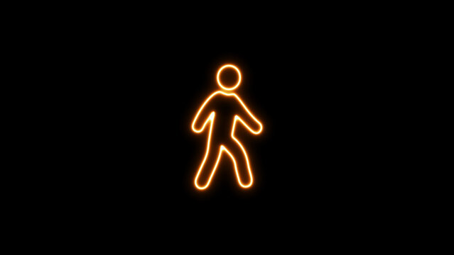 Neon Walking man symbol. Pedestrian icon. icon of a glowing walking pedestrian. Illustration of a walking man on a black background. warning sign.