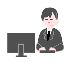 むすっとした表情のコールセンター の男性