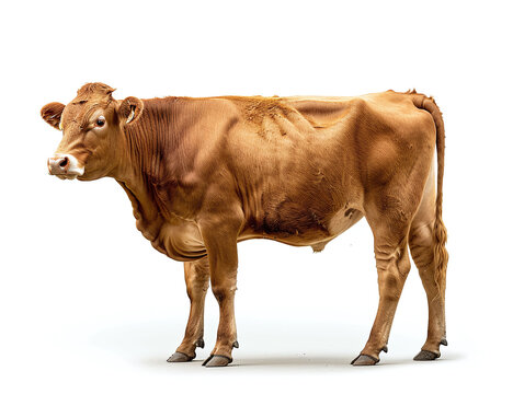 Brown or red cattle cow standing isolated on white background, side view, full body shot. livestock meat photos.