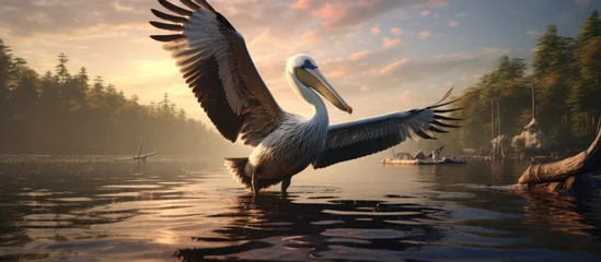 Zelfklevend Fotobehang A seabird with a beak, wings, and liquid feathers is soaring over the water at sunset, surrounded by ducks, geese, and swans on the lake © AkuAku
