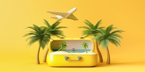 Tropical Vacation Dreamscape. An imaginative depiction of a suitcase opening to a tropical beach with a plane, symbolizing the dream of travel.