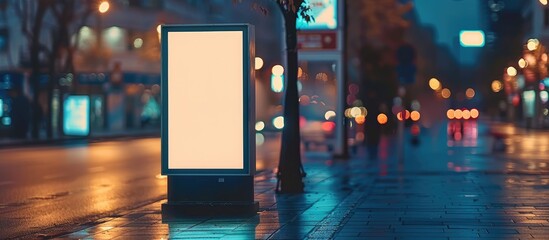 City light style mockup of a blank banner pylon on the sidewalk. Mockup of a billboard in the city center with a blurred background, focusing on the foreground with empty space for content. - obrazy, fototapety, plakaty