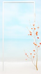 Artistic representation of a winter beach scene with a single branch adorned with colorful baubles in a minimalist style