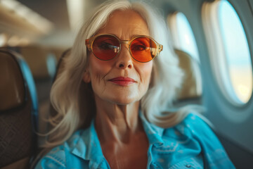 Stylish elderly woman wearing red sunglasses on an airplane. Flight travel, vacation