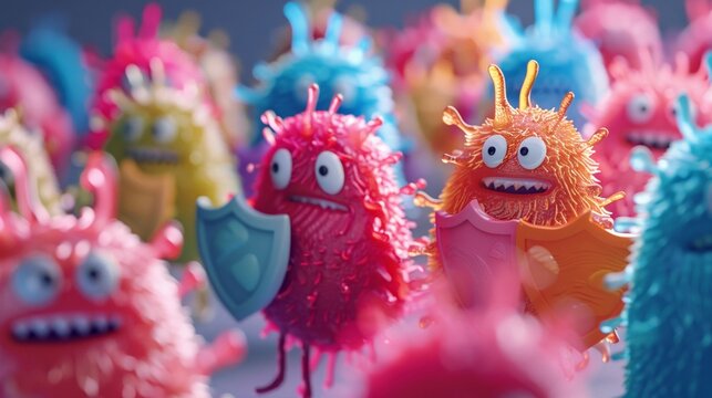 Create a 3D model of good bacteria characters holding shields, protecting skin cells from invading pathogens, illustrating the protective role of skin flora, vibrant color