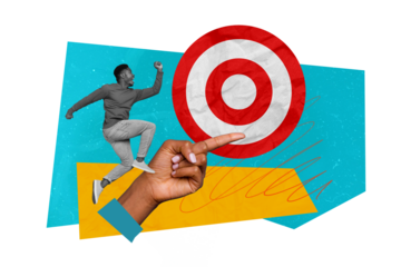 Poster banner template collage of crazy business people guy run fast on hand pointing indicate progress reach company aims