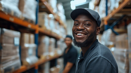 Cheerful warehouse managers smiling while recording inventory - obrazy, fototapety, plakaty